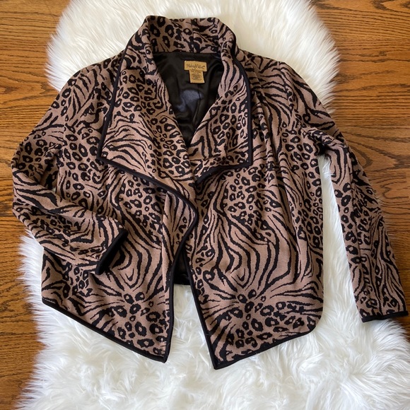 MIDNIGHT VELVET Womens Black Brown Leopard Hi-Low Open Draped Sweater Jacket SZM - Picture 1 of 9